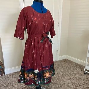 Holiday dress with Scottish winter castle print